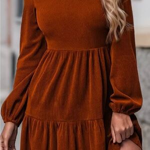 Elegant Rust Long Sleeve Dress For Fall Season